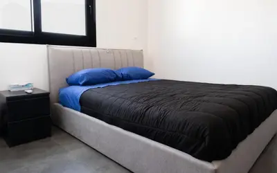 a bed with blue pillows on it in a room at Luxurious two bedroom apartment with roof garden in Kato Lakatamia
