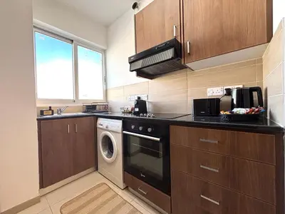 a kitchen with a washer and dryer in it at One Bedroom Flat in Central Nicosia in Nicosia