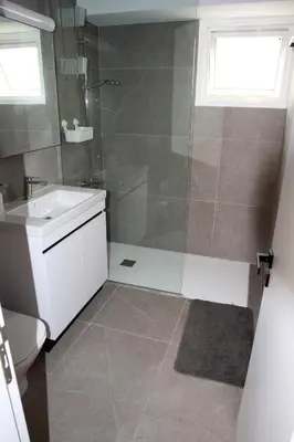 a bathroom with a shower and a sink and a toilet at Haris' Apartment Larnaca in Larnaka