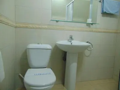 a bathroom with a white toilet and a sink at Hellas Hotel in Kakopetria