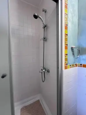 a shower with a glass door in a bathroom at Finikous Cottage House-Agros in Agros