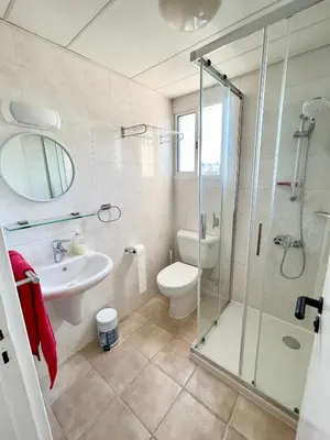 a bathroom with a shower and a toilet and a sink at Cosy Refurbished Apt City Centre in Limassol