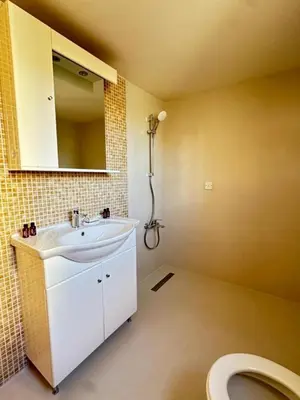 a bathroom with a sink and a toilet at Bohemian Oasis in Episkopi Lemesou