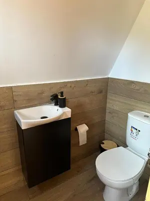 a bathroom with a white toilet and a sink at Cozy Glamping Cabin for Couples and Families in Arakapas