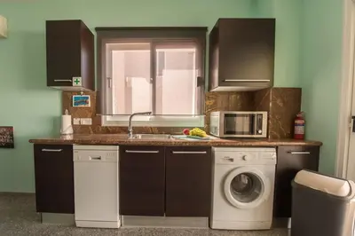 a kitchen with a sink and a washing machine at Villa Marina in Ayia Napa