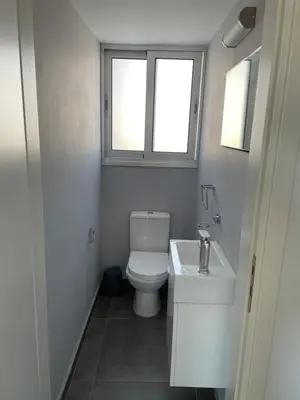 a bathroom with a toilet and a sink and two windows at LimassolStar Etko Area in Limassol