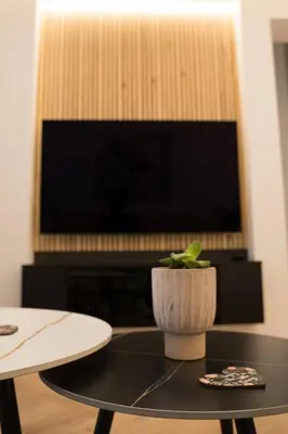 a black table with a potted plant on top of it at Delightful 1st Floor Xanthippis Apartment in Strovolos