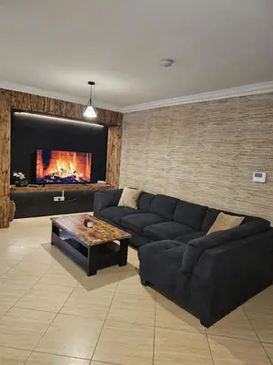 a living room with a couch and a fireplace at MelMar Molos Apartment in Limassol