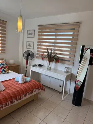a bedroom with a bed and a desk with a window at Green valley Tersefanou in Tersephanou
