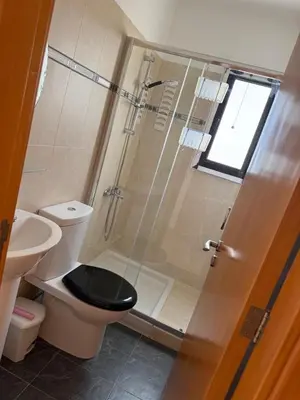a bathroom with a shower with a toilet and a sink at Green valley Tersefanou in Tersephanou