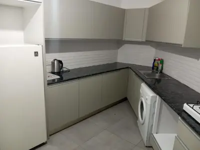a kitchen with a white refrigerator and a dishwasher at FLAT Ceremi in Nicosia