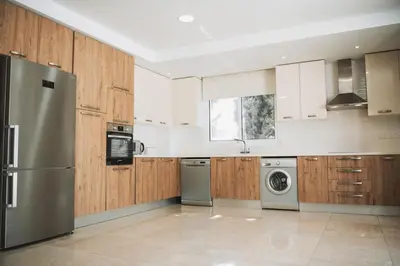 a kitchen with stainless steel appliances and wooden cabinets at Jupiter Villa in Voroklini