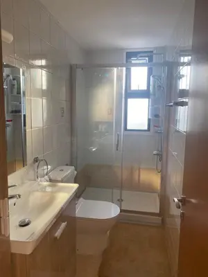 a bathroom with a shower and a toilet and a sink at A sea breeze house in Voroklini