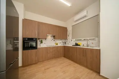 a large kitchen with wooden cabinets and a sink at Near City center 1 bedroom flat in Nicosia
