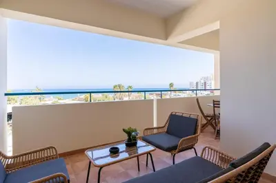 a living room with a view of the ocean at Bayview 2-BR Apartment W Terrace in Larnaca in Larnaka