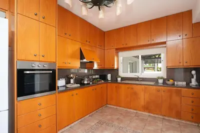 a large kitchen with wooden cabinets and a sink at Nissi Diamond Mansion in Ayia Napa
