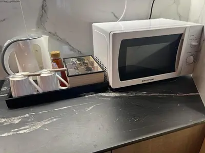 a microwave sitting on top of a kitchen counter at Plumeria Place Bright and spacious studio in Larnaka