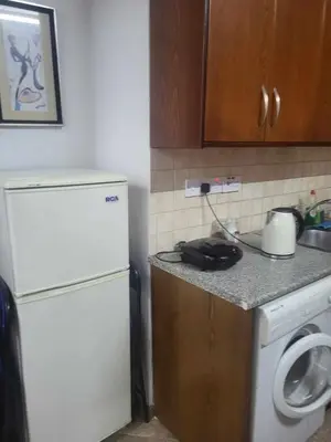 a kitchen with a white refrigerator and a washing machine at Elenas Home in Limassol