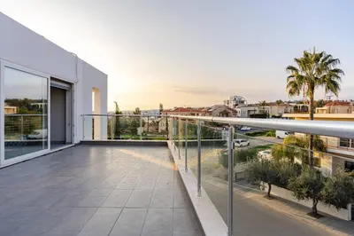 an apartment balcony with a view of a city at Penthouse Great View Hydromassage Penthouse hottub in Limassol