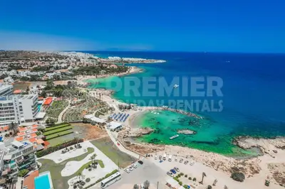 an aerial view of the beach and the ocean at Villa Andreas in Protaras