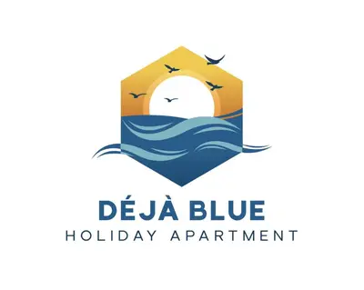 a logo for a blue holiday appointment with a sun in the ocean at Déjà Blue Apartment Kyklades BC7 - workspace, pool, gym, nearby beach in Protaras