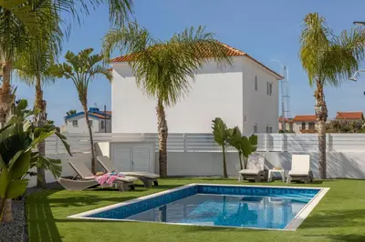 a backyard with a swimming pool and palm trees at Sweet Seaview Villa in Ayia Napa