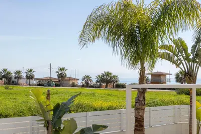 a white fence with palm trees and a field at Sweet Seaview Villa in Ayia Napa