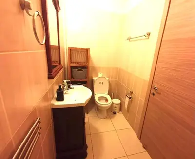 a small bathroom with a toilet and a sink at Ionian Breeze Family House Walk to Beach And Dining in Paralimni