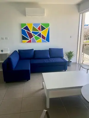 a blue couch in a living room with a painting at Apartment Lorena Protaras in Protaras