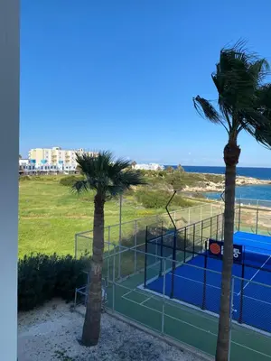 two palm trees and a tennis court on the beach at Apartment Lorena Protaras in Protaras