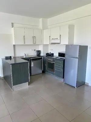a kitchen with white cabinets and stainless steel appliances at Apartment Lorena Protaras in Protaras