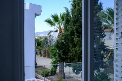a window with a view of a palm tree at Endless Summer Beach House in Pervolia