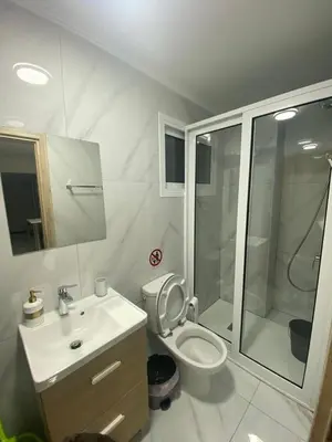 a bathroom with a toilet and a shower and a sink at Mandy's apartment in Larnaka