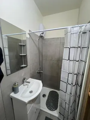 a small bathroom with a sink and a shower at Enjoy a cozy room in the heart of the capital in Nicosia