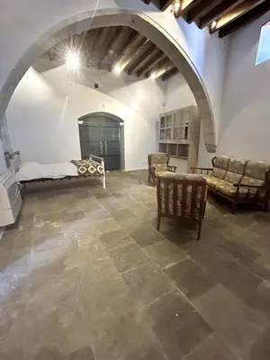 a large room with a bed and chairs in it at Archontiko Papadopoulou in Mosphiloti