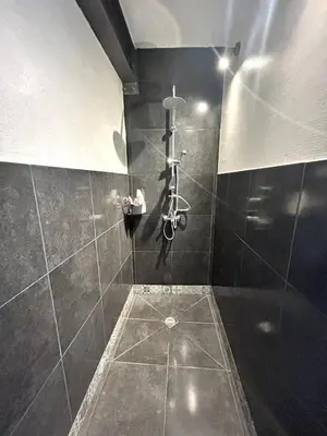 a bathroom with a shower with a bike on the wall at Archontiko Papadopoulou in Mosphiloti