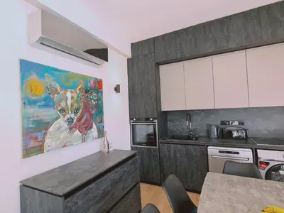 a kitchen with a painting of a dog on the wall at Limassolian vibe house in Limassol