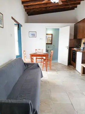 a living room with a couch and a table at Cozy Courtyard Apartment in Skarinou