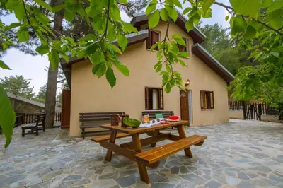 a picnic table in front of a house at Amazing Villa in Pano Platres Cyprus in Kato Platres
