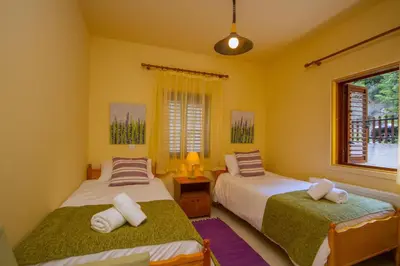 a bedroom with two beds and a window at Amazing Villa in Pano Platres Cyprus in Kato Platres