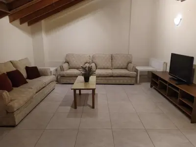 a living room with two couches and a tv at The Tower Penthouse in Strovolos
