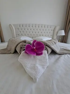 a purple flower sitting on top of a bed at Spacious & Bright 2BR Apartment, 5min to Beach in Boğaz