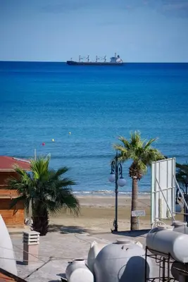 a view of the ocean with palm trees on the beach at Anteia's Seaview Suite just steps from Finikoudes Beach Larnaca in Larnaka