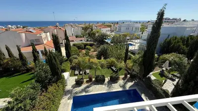 an aerial view of a yard with a swimming pool at Too Coool Villa Milos Lifestyle in Protaras