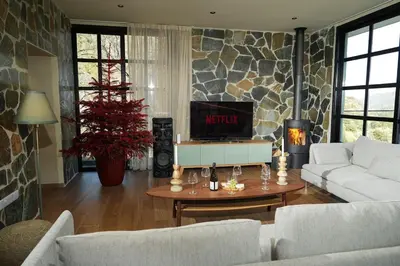 a living room with a fireplace and a christmas tree at Luxury 5-Bedroom Chalet Kalopanayiotis in Kalopanayiotis