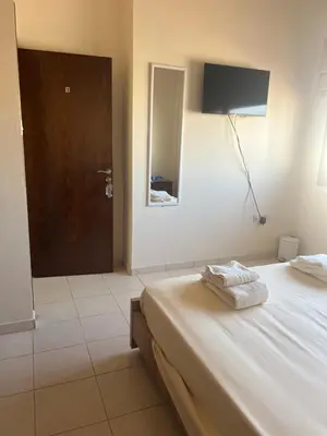 a bedroom with a bed and a door with a mirror at Tranquil paradise in Aradhippou