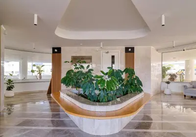 a lobby with a large aquarium with plants in it at Suite 1003 at Althea Residence in Larnaka