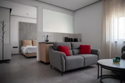 a living room with a couch with two red pillows at Le Bouquet Luxury Suites Ltd in Nicosia