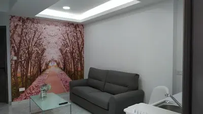 a living room with a couch and a wall mural at Ermioni Apartments in Limassol