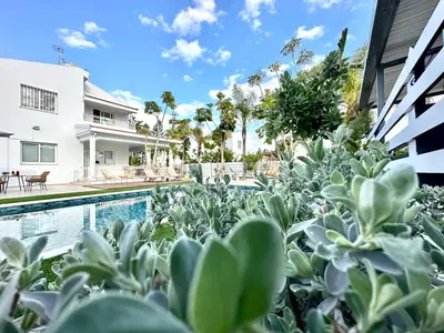 a swimming pool with plants in front of a house at Dream Tropicana Villa - Ayia Napa in Ayia Napa